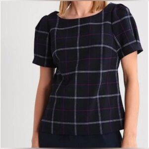 Banana Republic puff sleeve navy plaid top